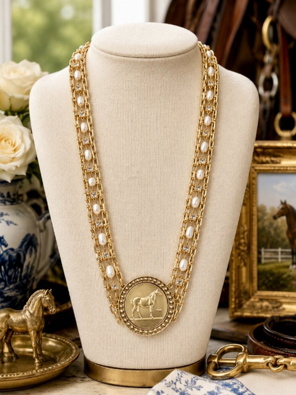 Gold Horse Medallion Necklace with Pearl and Crystal Accents, Layered Equestrian